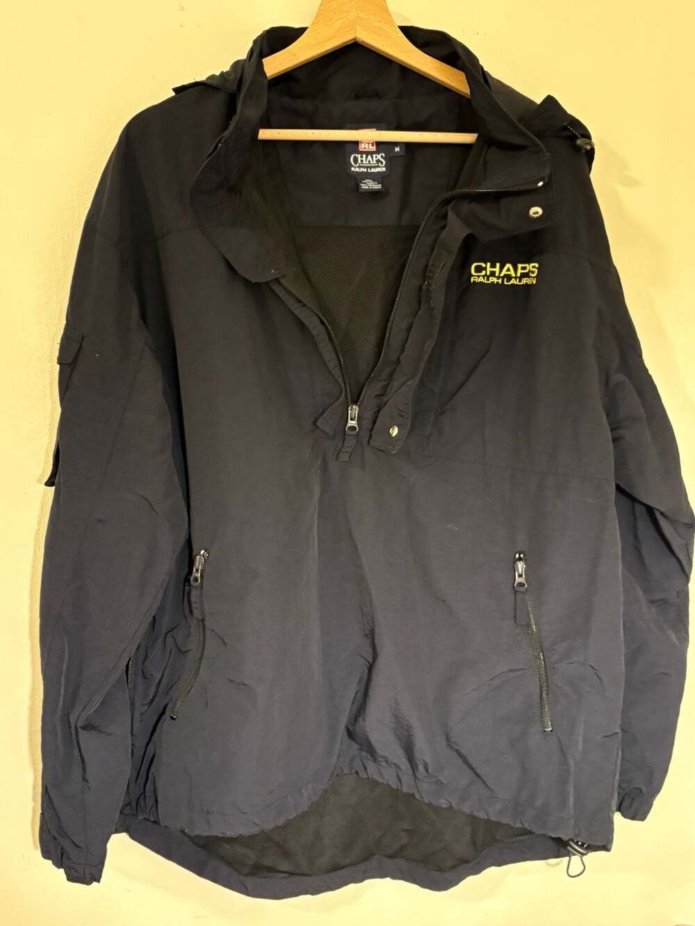Chaps Ralph Lauren Vintage 1/4 Zip Anorak Hooded Windbreaker Jacket Black M